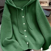 Swetry damskie - TEMU Kardigan z Kapturem na Guziki, Wiosna Jesień Jednokolorowy Casual Prosty Otwarty Przód Miękki Wygodny Elegancki Damski Sweter - miniaturka - grafika 1