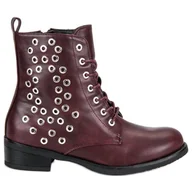 Botki damskie - Wiązane bordowe workery czerwone - ButyModne - miniaturka - grafika 1