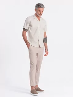Koszule męskie - Męska koszula z krótkim rękawem i kubańskim kołnierzem - kremowa V7 OM-SHSS-0168 - grafika 1