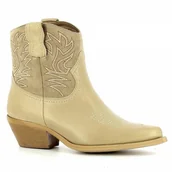 Botki damskie - Beżowe skórzane botki kowbojki z ozdobnym przeszyciem CARINII - Carinii - miniaturka - grafika 1