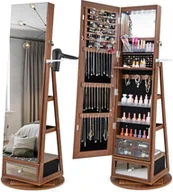 Szafki łazienkowe - Szafka na biżuterię COSTWAY obracana o 360° z pełnowymiarowym lustrem, zamykane oświetlenie LED, stojące lustro na biżuterię (brązowe) - miniaturka - grafika 1