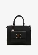 Torebki damskie - Czarna Torebka z Ekoskóry z Naszytą Kieszenią i Metalicznymi Okuciami Htilia - miniaturka - grafika 1