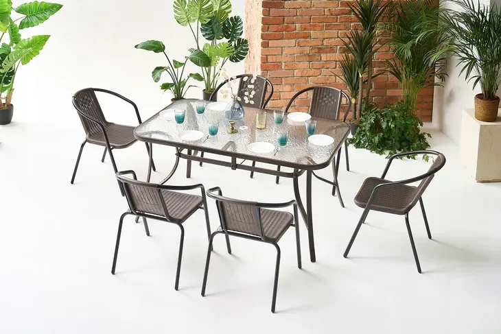 Komfortowy komplet ogrodowy dla 6 osób stół 150 cm i 6 krzeseł brązowych