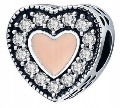 Charms Srebrny Różowe Serce Emalia Serduszko z Cyrkoniami SREBRO 925