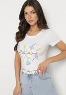 Koszulki i topy damskie - Biało-Niebieski Bawełniany T-shirt Ozdobiony Nadrukiem Zarice - miniaturka - grafika 1