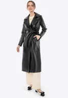 Płaszcze damskie - Damski płaszcz skórzany z paskiem czarny - miniaturka - grafika 1