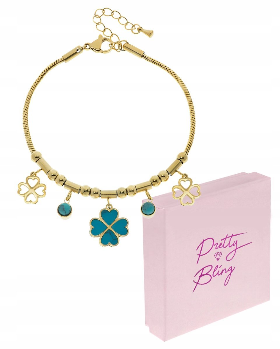 Bransoletka damska POZŁACANA koniczyny TURKUS stal