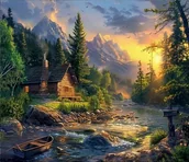 Zabawki kreatywne - Diamentowa mozaika - Chata w górach nad rzeką - miniaturka - grafika 1