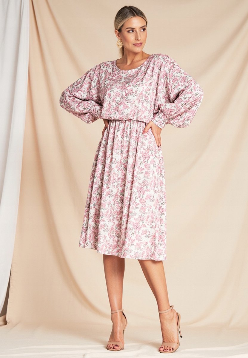 Sukienka z bufiastymi rekawami Różowa sukienka w kwiaty M1128 S/M