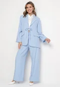Komplety damskie - Niebieski Komplet w Stylu Garniturowym z Wiązaną Marynarką i Spodniami Vilinne - miniaturka - grafika 1