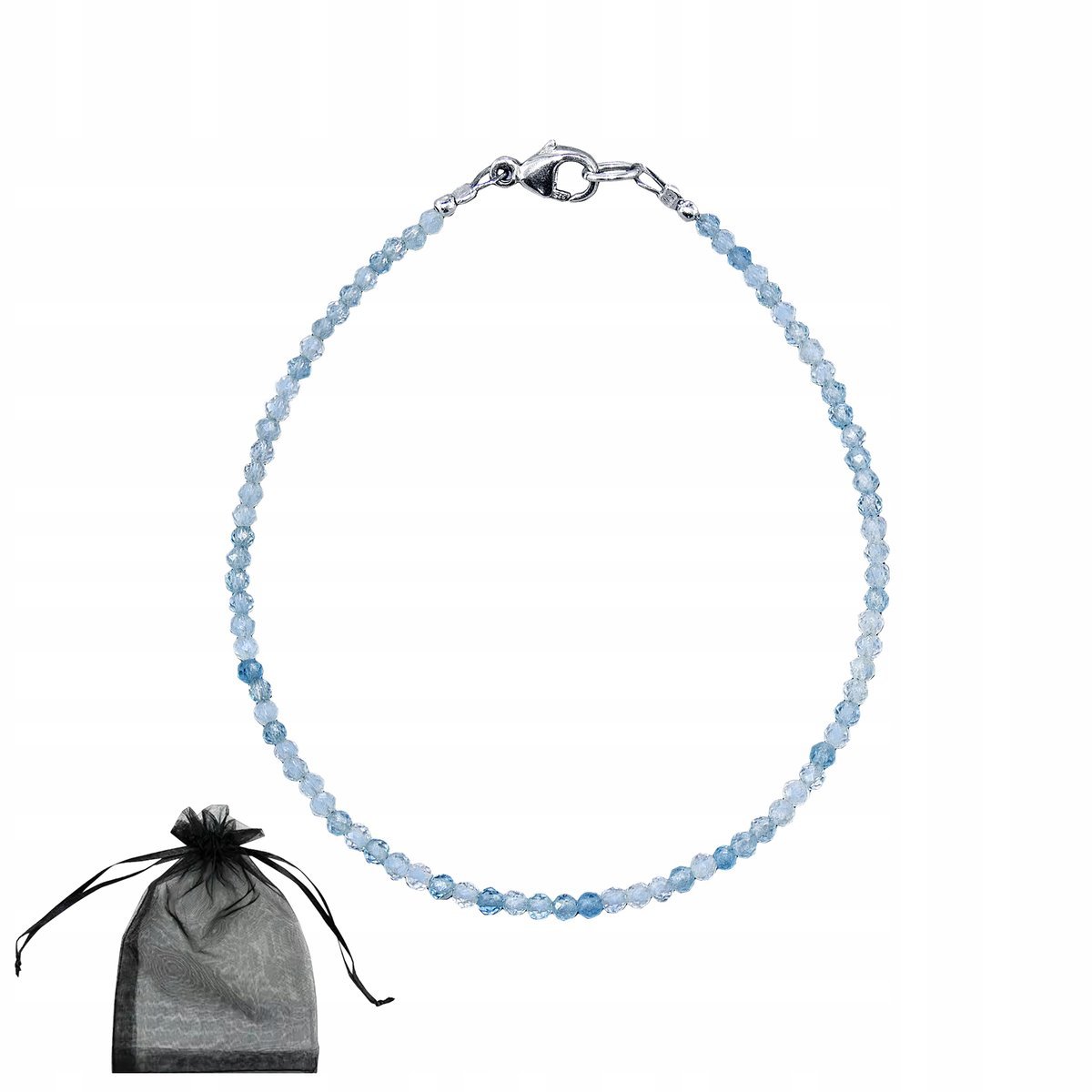 Bransoletka Naturalny Kamień AKWAMARYN faset 2mm Zapięcie Srebro 925 dł18cm