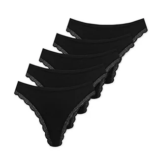 Majtki damskie - Marilyn Poupée Infinity stringi z bawełny z obszyciem koronkowym, czarne - XL - 5 sztuk w opakowaniu, czarny, XL - grafika 1