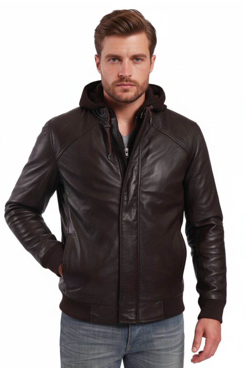 Kurtka męska skórzana Lee Cooper Benedeton brązowa z kapturem-M