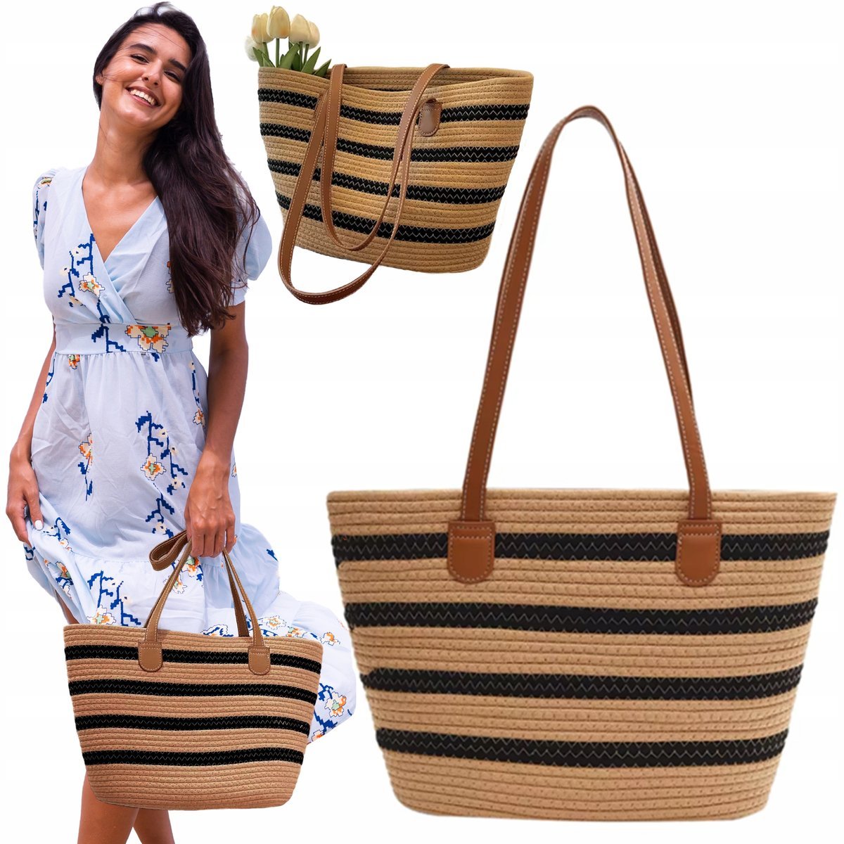 TORBA PLAŻOWA BOHO SŁOMIANA MIEJSKA SHOPPERKA NA PLAŻĘ NA ZAKUPY DUŻA