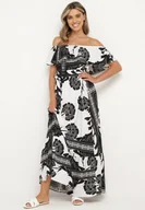 Sukienki - Czarno-Biała Sukienka Typu Hiszpanka z Gumką w Pasie i Materiałowym Paskiem Ozdobiona Falbanką Woneri - miniaturka - grafika 1