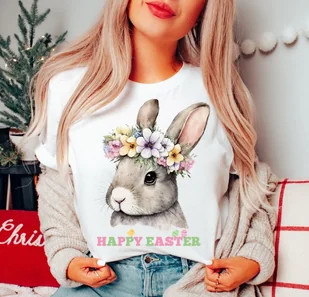 damska koszulka z zajączkiem na wielkanoc happyeaster8 - Koszulki i topy damskie damska koszulka z zajączkiem na wielkanoc happyeaster8 - Koszulki i topy damskie - miniaturka - grafika 1