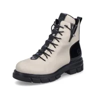 Botki damskie - RIEKER BOTKI DAMSKIE BEŻOWE Z CZARNYMI LAKIEROWANYMI DODATKAMI 37 6AA - miniaturka - grafika 1