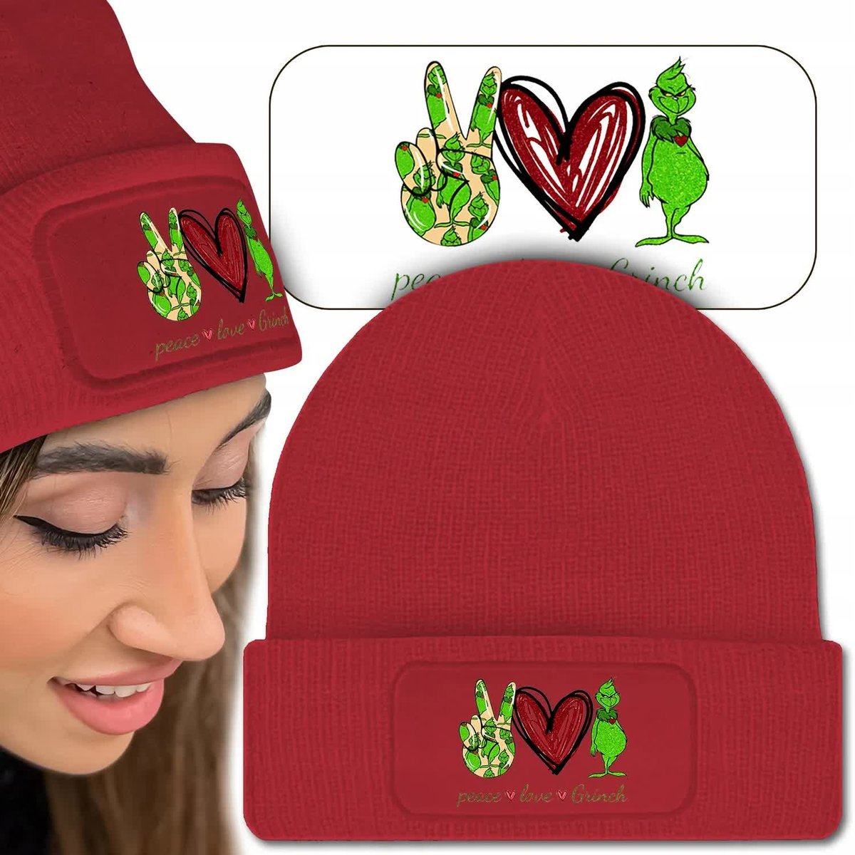 Ciepła Czapka Zimowa Czerwona LOVE GRINCH Wzory