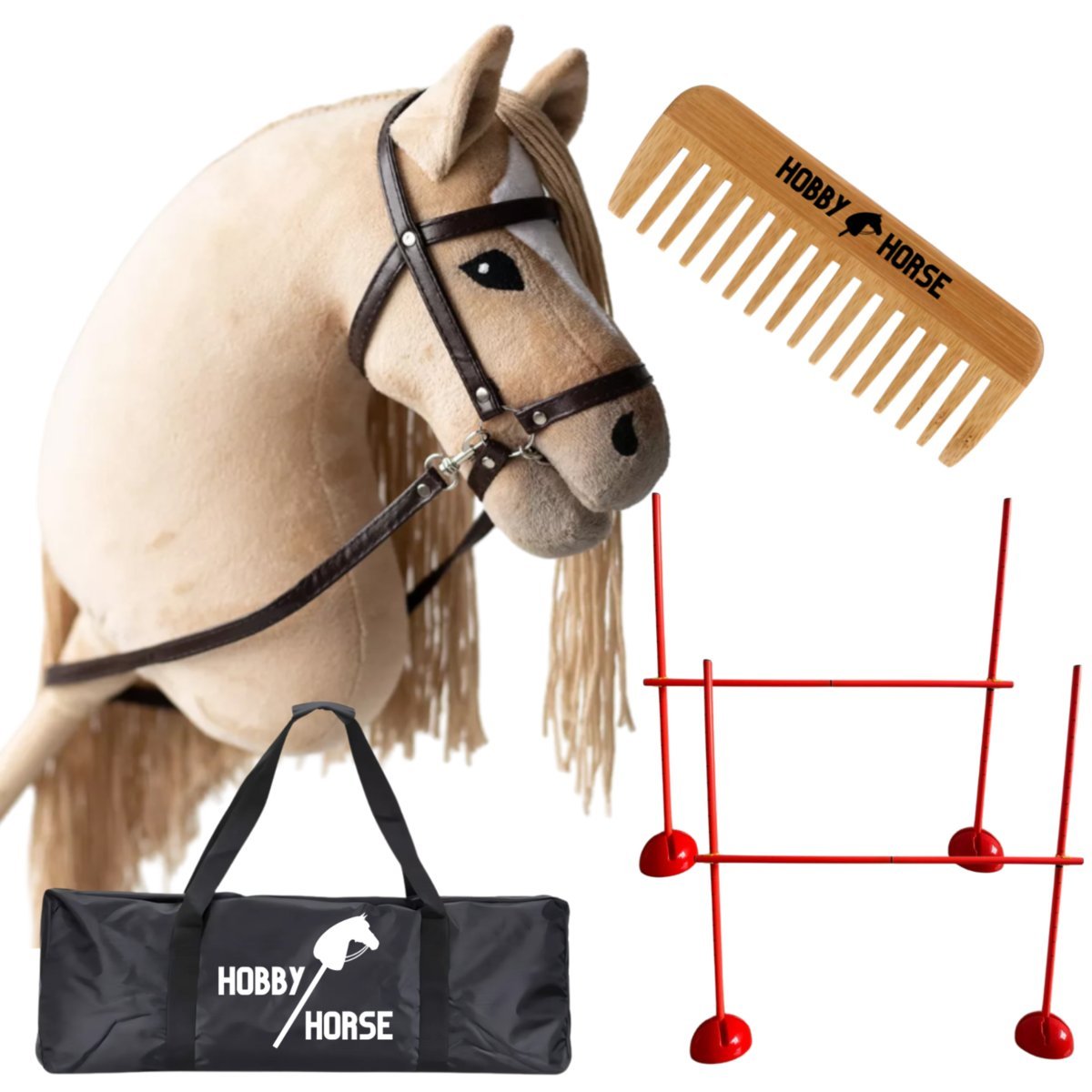 ZESTAW HOBBY HORSE KOŃ NA KIJU A3 + 2x PRZESZKODA DO SKAKANIA 120 CM + GRZEBIEŃ [M-ZESTAW-H1-2]