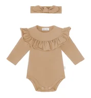 Body dla niemowląt - Zestaw body z falbanką i opaska z supełkiem, beżowy - 74 - miniaturka - grafika 1