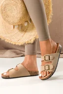 Klapki i japonki damskie - Beżowe klapki damskie paski ze złotymi klamrami profilowana korkowa podeszwa Casu 2410-5-GO - miniaturka - grafika 1