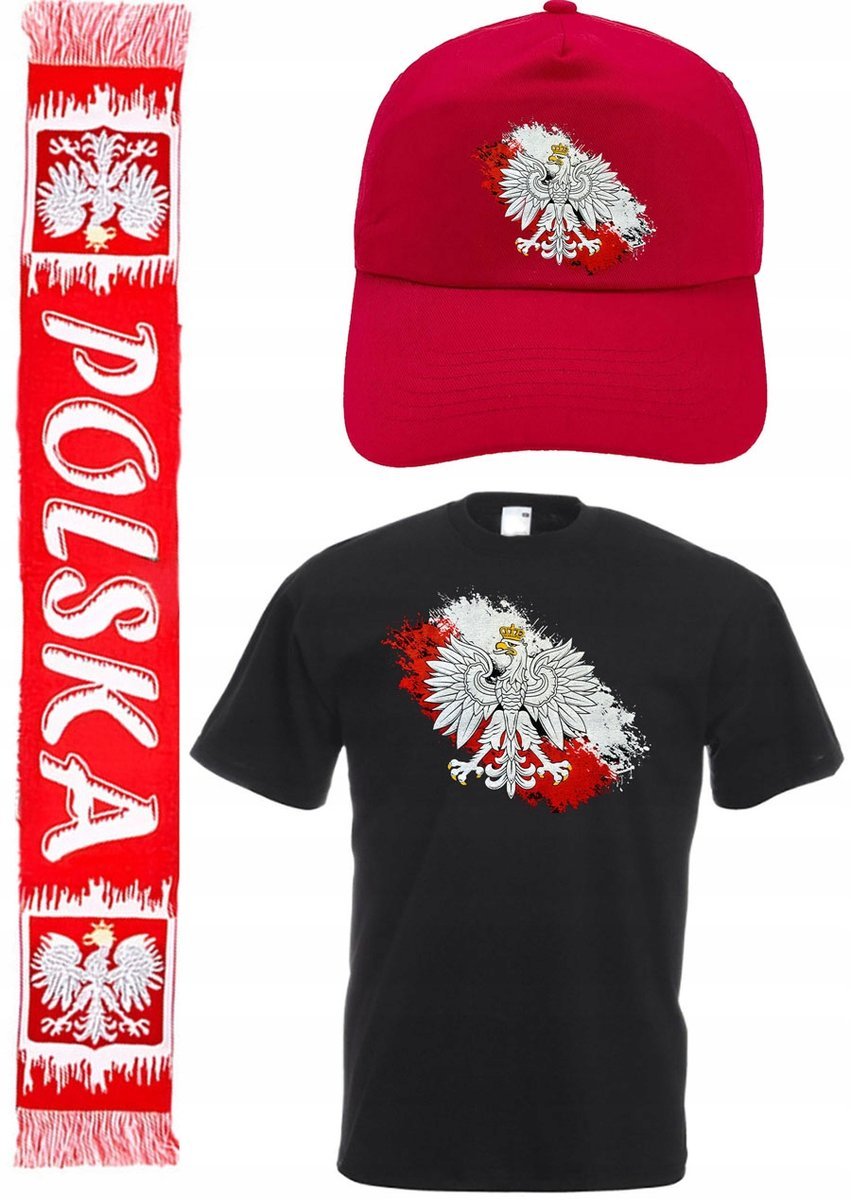 ZESTAW DLA KIBICA POLSKI KOSZULKA +SZALIK + CZAPKA GODŁO FLAGA