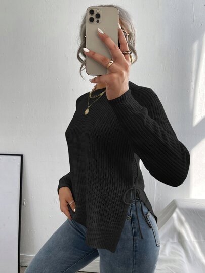 SHEIN SWETER CZARNY Z DŁUGIM RĘKAWEM GŁADKI M V9K