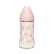 Butelki dla niemowląt - Suavinex Butelka Premium 270ml smoczek okrągły silikonowy 3 przepływowy Królik różowy Hygge Baby - miniaturka - grafika 1