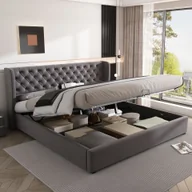 Łóżka - Łóżko tapicerowane Flieks 160x200cm, łóżko na sprężynach skrzyniowych z ramą z listew, łóżko podwójne z miejscem do przechowywania, łóżko młodzieżowe z litego drewna, aksamit, szare - miniaturka - grafika 1