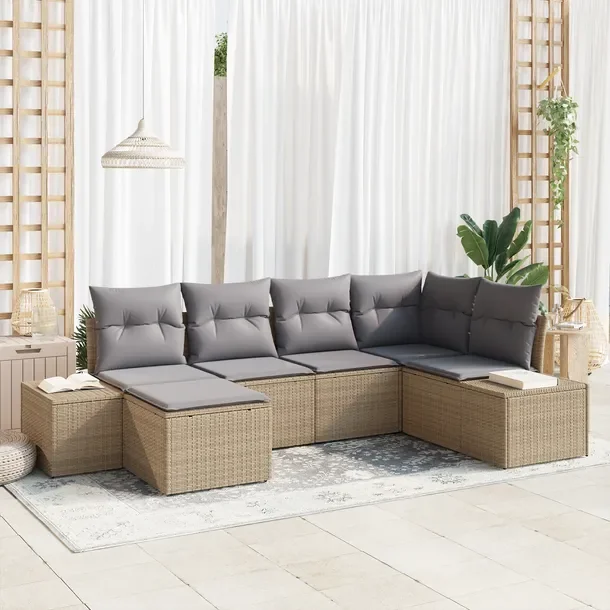Zestaw 6-częściowy sofa ogrodowa z poduszkami, beżowy, polirattan