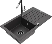 Zlewozmywaki z baterią - Mexen Pablo zlewozmywak granitowy 1-komorowy z ociekaczem i baterią kuchenną Flora, czarny nakrapiany - 6510-76-670401-07-B - miniaturka - grafika 1