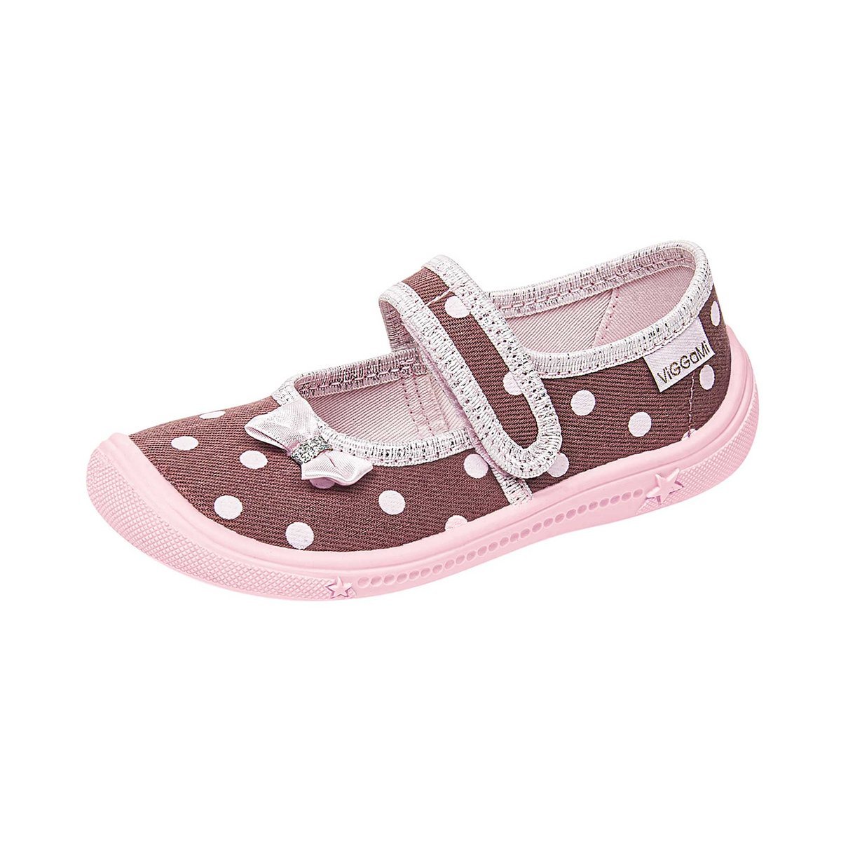 Dziewczęce kapcie w groszki z kokardką 3D brązowe