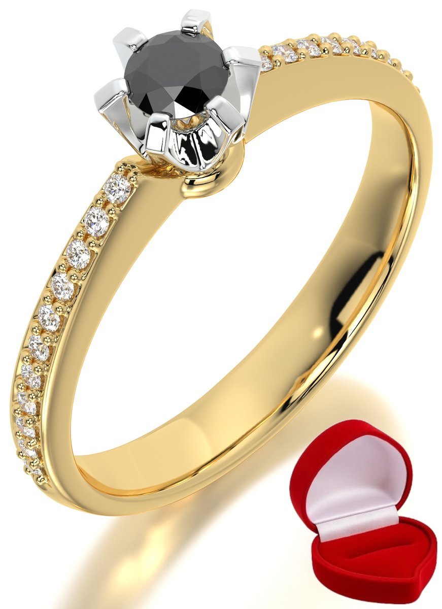 ZŁOTY PIERŚCIONEK ZARĘCZYNOWY 585 14k CZARNY BRYLANT 0,14 ct R17
