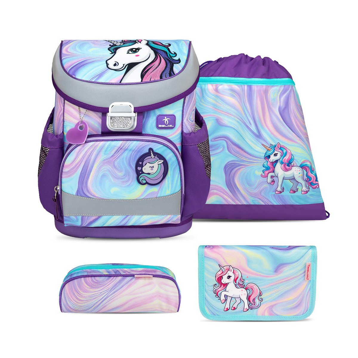 Ergonomiczny zestaw szkolny Belmil Mini-Fit „Unicorn Dream” dla dziewczynek – 4 części