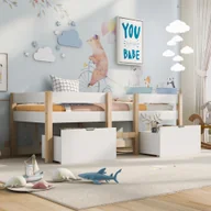 Łóżka dla dzieci i młodzieży - Łóżko dziecięce Flieks z zabezpieczeniem przed wypadnięciem i stelażem z listew, łóżko loftowe z drewna sosnowego 90x200 cm z 2 szufladami, białe - miniaturka - grafika 1