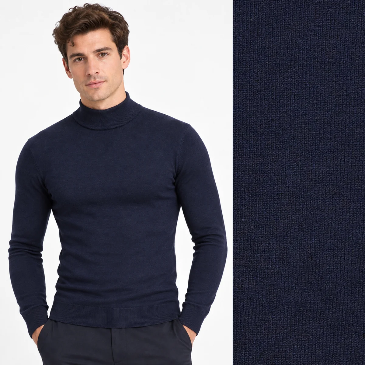 Półgolf męski Slim Fit mocno dopasowany gładki ze stójką granatowy klasyczny LD-69076-3-D.K BLUE M