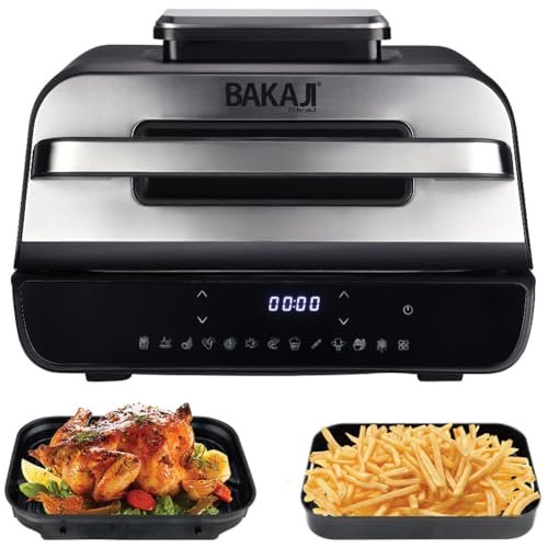 BAKAJI Frytkownica powietrzna i grill, patelnia grillowa XXL Combi 6 l, wielofunkcyjna frytkownica powietrzna z płytą grillową do pieczenia, pieczenia, grillowania, grillowania, 6 poziomów gotowania,