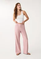 Spodnie damskie - Stradivarius Zwiewne spodnie o prostym kroju z lnem Ciemna fuksja 40 - miniaturka - grafika 1