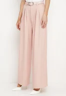 Spodnie damskie - Różowe Szerokie Spodnie Palazzo z Wysokim Stanem i Paskiem z Ekoskóry oraz Metalową Klamrą Ninna - miniaturka - grafika 1