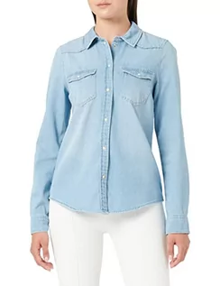 Bluzki damskie - VERO MODA Women's VMMARIA LS Slim Shirt Mix New NOOS bluzka, jasnoniebieski denim/szczegóły: Birch Stitch, L, Light Blue Denim/Szczegóły: ścieg birch, L - grafika 1