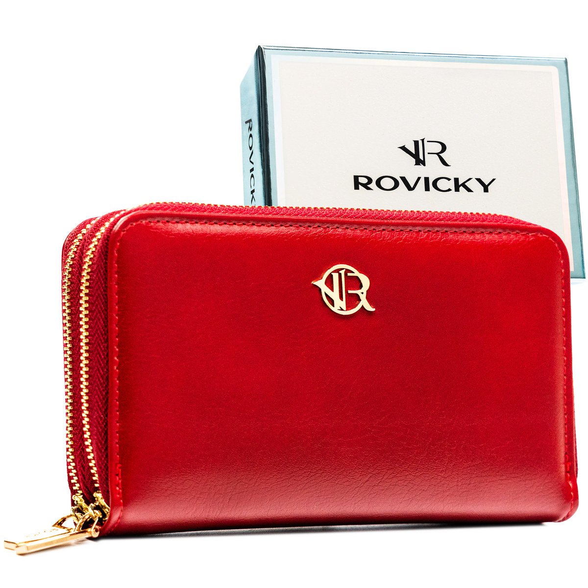 Portfel damski na suwak ROVICKY ochrona RFID rozbudowany na karty elegancki minimalistyczny typu piórnik czerwony