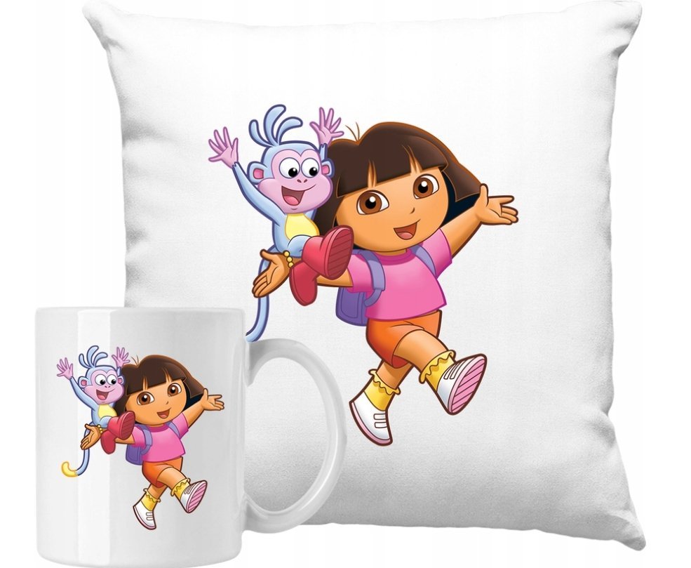 ZESTAW PODUSZKA + KUBEK Dora Poznaje Świat Małpka Pomysł Na Prezent +IMIĘ
