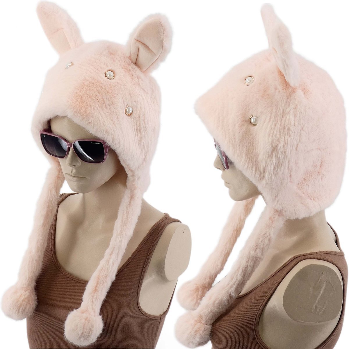 Ciepła Zimowa Czapka Damska Z Futerkiem Różowa Kotki Kocie Uszka Pompony