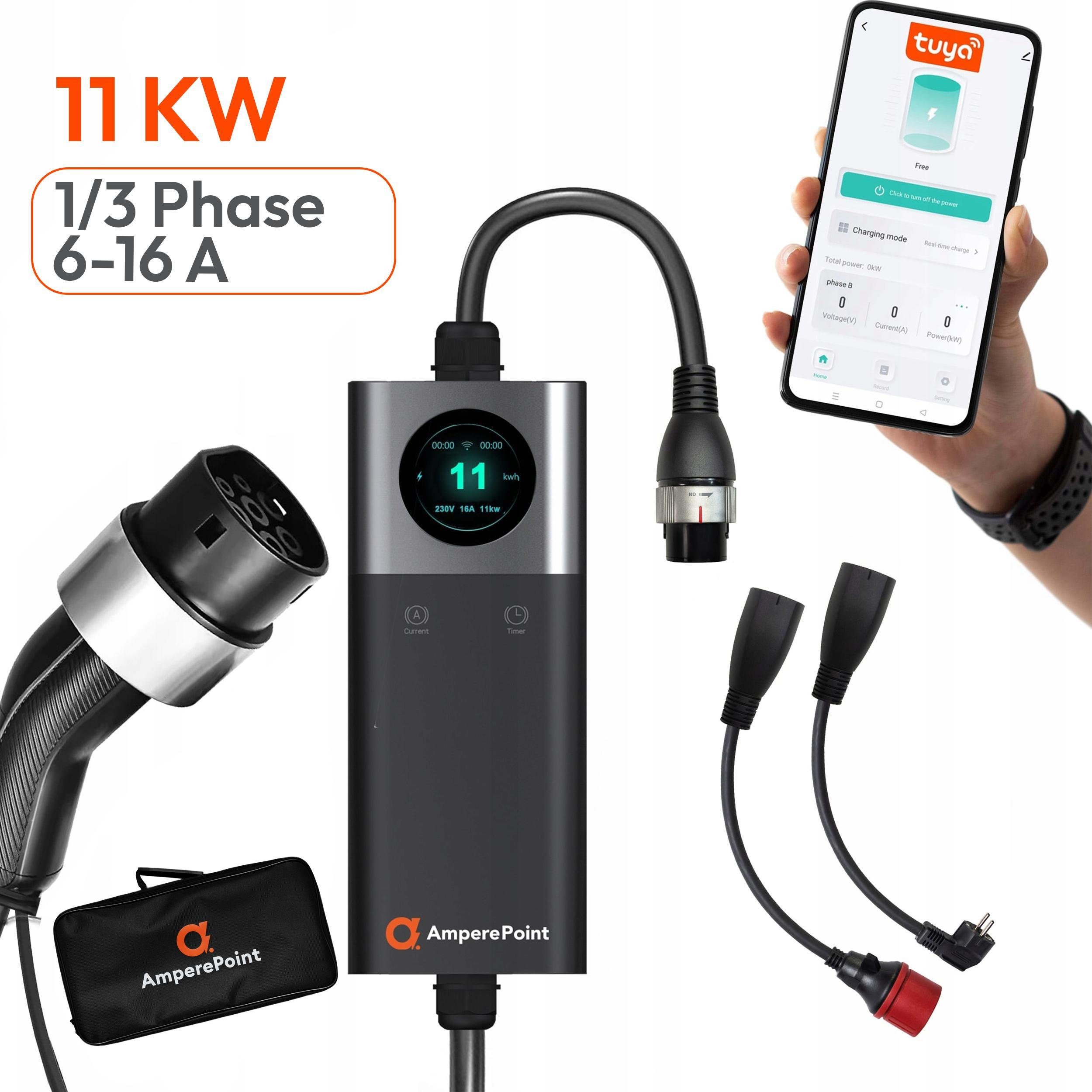 Ładowarka do Samochodu Elektrycznego 16A, 11KW, 7.5m + adaptery Schuko, CEE16A Regulacja prądu 6-16A Torba podróżna Uchwyty ścienne w zestawie