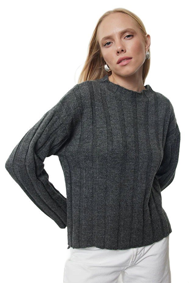TRENDYOL SWETER DAMSKI CIEMNOSZARY PRĄŻKOWANY Z DŁUGIM RĘKAWEM M 5EA*