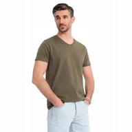Koszulki męskie - Męska koszulka serek 100% bawełna basic ciemnooliwkowa OM-TSBS-0237 V6 M - miniaturka - grafika 1