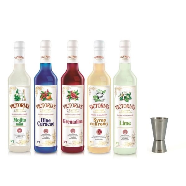 Zestaw 5 syropów Mojito Minto, Limonka, Blue Curacao, Grenadina, Cukrowy 490 ml z miarką 50 i 25 ml