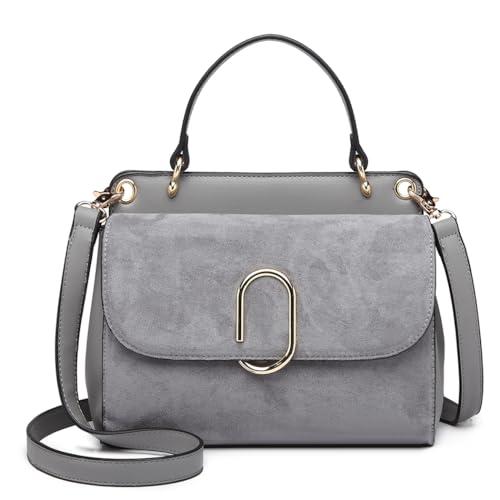 Miss Lulu Damska torba na ramię, średnia torebka z górnym uchwytem, ze sztucznej skóry i zamszu, w stylu vintage, klapa, torebka crossbody z owalną metalową dekoracją, elegancka i wykwintna, szary