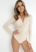 Body - Jasnobeżowe Body z Długim Rękawem Lobhes - miniaturka - grafika 1