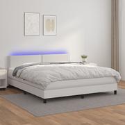 Łóżka - Lumarko Łóżko kontynentalne z materacem i LED, biała ekoskóra 160x200cm - miniaturka - grafika 1
